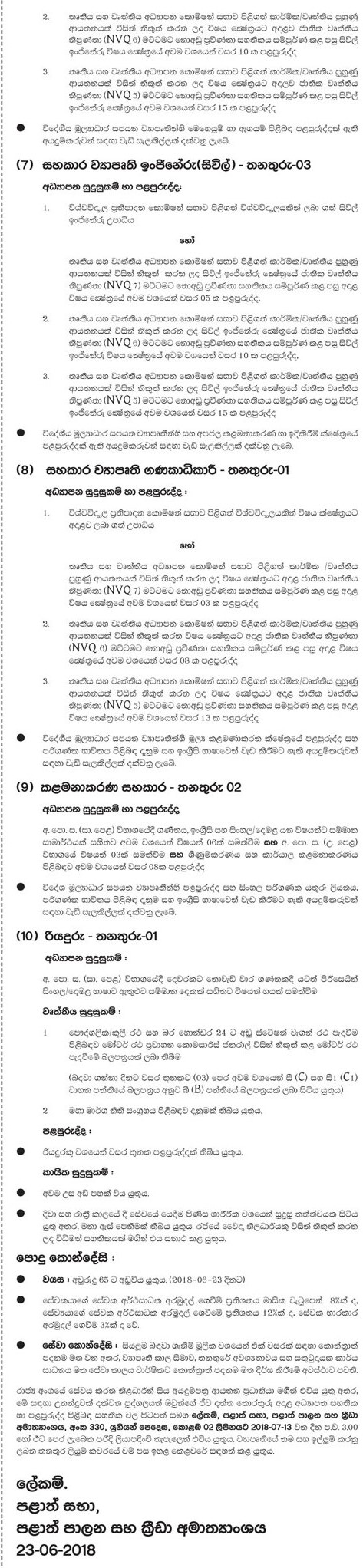 Management Assistant, Project Engineer, Assistant Project Engineer, Deputy Project Director, Construction Manager, Finance Manager, Project Officer, Assistant Project Accountant, Driver - Ministry of Provincial Councils, Local Government & Sports